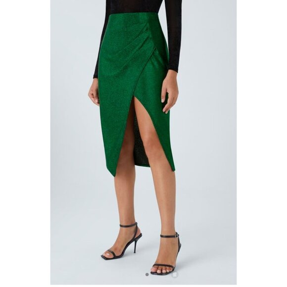 Halara High Waisted Ruched Split Tulip Hem Metallic Party Skirt Sz Medium Green - Picture 1 of 10